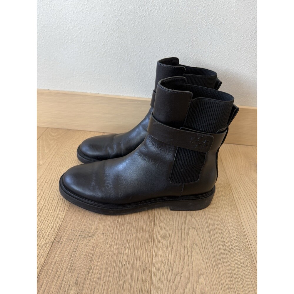 $428 Tory Burch Womens 10 Double T Chelsea Boot Black Ankle Leather Shoes Slip - Picture 3 of 8